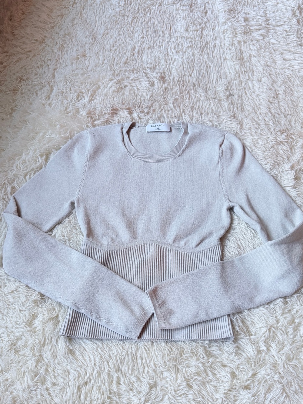 Babaton Light Beige Ribbed-Waist Long Sleeve Knit Top